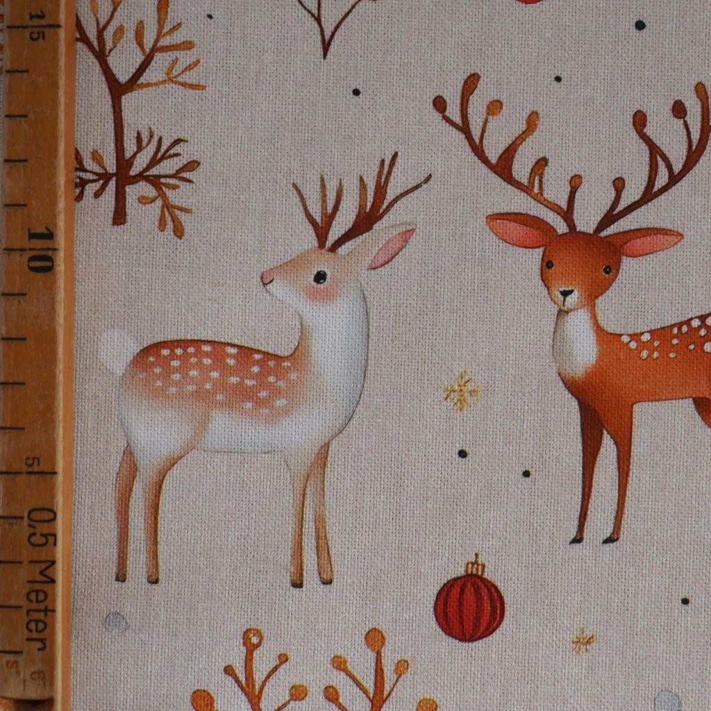 Dekostoff Halbpanama Hirsch Reh Tannenbaum beige